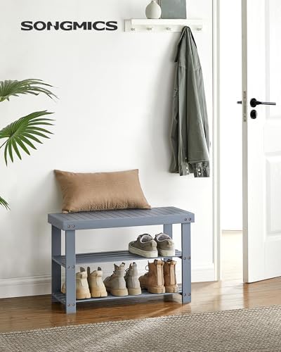 SONGMICS Shoe Rack Bench, 3-Tier Bamboo Entryway Bench, 27.6 Inches Width