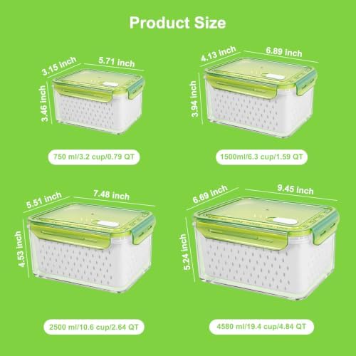 4Pack Fruit Storage Container for Fridge with Colander and Vent - Green