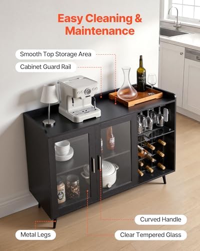 VEVOR Wine Cabinet, Coffee Bar Cabinet with 9 Wine Bottle Racks, Modern Buffet Sideboard with Glass Holder, Adjustable LED Brightness, for Home Kitchen, Living Room, Dining Room, Black Wood Grain