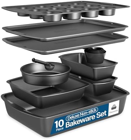 Gray 10-Piece Bakeware Sets, Nonstick Carbon Steel Baking Sheet & Pans, Stackable Space-Saving Bakeware, Dishwasher Safe, Stain-resistant, PFOAPFOSPTFE Free, Oven Safe Up To 450°F (230°C)