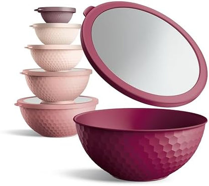 COOK WITH COLOR Mixing Bowls with Lids - 12 Piece Plastic Nesting Bowls Set includes 6 Prep Bowls and 6 Lids, Microwave Safe Mixing Bowl Set, Rose Embossed