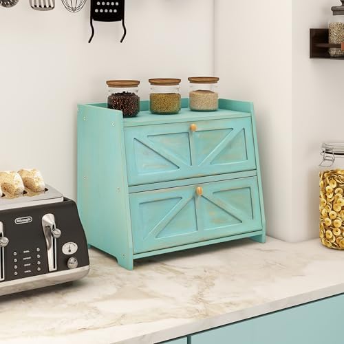 Trironsun Vintage Double Layer Bread Box for Kitchen Counter Bamboo Bread Storage Container Large Capacity Bread Storage Bin (Antique Blue)