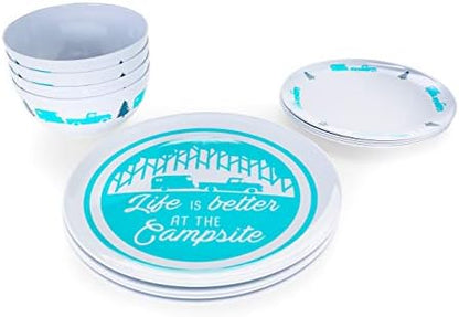 Camco Life is Better at The Campsite Dishware Set | Includes (4) Large Dinner Plates, (4) Small Salad Plates and (4) Bowls | Top Rack Dishwasher Safe | Blue Tree and Truck Design (53294)