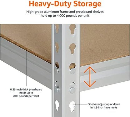 Amazon Basics 5-Tier Medium Duty Storage Shelving, Garage Storage Rack, Double Post Press Board Shelf, Adjustable, Easy Assembly, Space-Saving, Aluminum, 48" x 18" x 72"