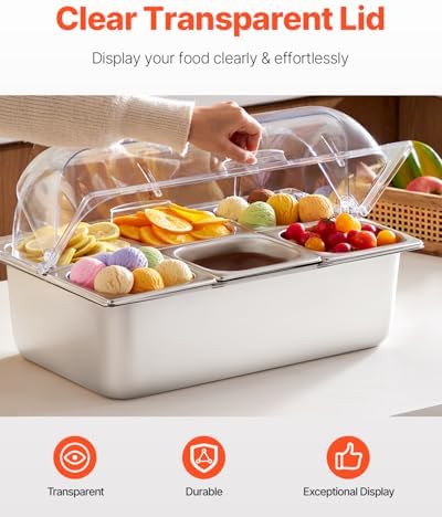 VEVOR Countertop Food Serving Display Container, 6 Pan Stainless Steel Food Serving Tray, Buffet Condiment Dispenser Display Rack with Clear Lid & 3 Freezer Boxes, for Restaurant Hotel Kitchen Party