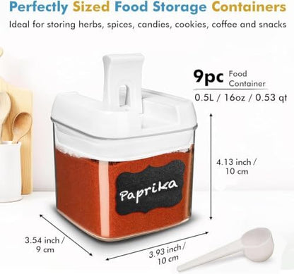 Shazo 9 PC (0.5L, 17oz) Spice Storage Containers with Lids & 6 Spoons