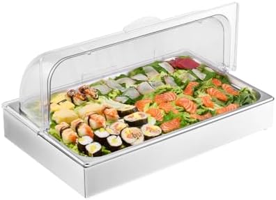 VEVOR Countertop Food Serving Display Container, 1 x 1 Pan Stainless Steel Food Serving Tray, Buffet Condiment Dispenser Display Rack with Clear Lid & 3 Ice Trays, for Restaurant Hotel Kitchen Party