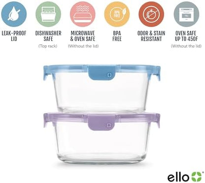 Ello Color Lock 7 Cup Glass Meal Prep Containers & Lids, 2 Pack, Slate