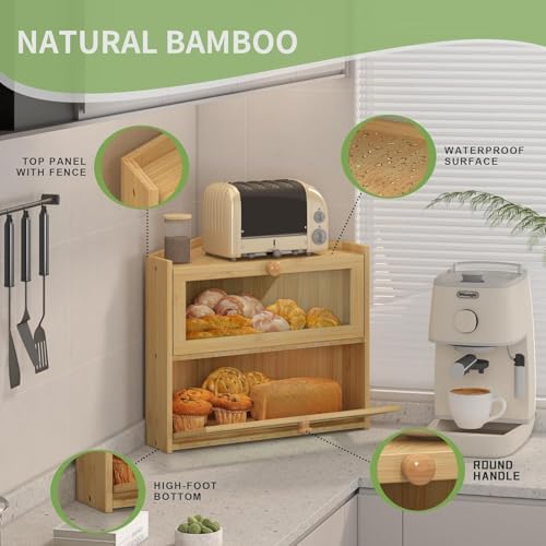 JANSNIMEN Corner Bread Box for Kitchen Countertop Bamboo Bread Holder Large Capacity Bread Container Storage Wooden Farmhouse Breadbox (Bamboo, 16.6" L x 13" W x 15.75" H)