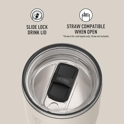 THERMOS Icon Series 24oz Stainless Steel Tumbler with Slide Lock Lid, Leakproof, Fits Cupholder, Dishwasher Safe, Griptec™ Non‑Slip Base, Keeps Drinks Hot 6 Hrs/Cold 22 Hrs, Sandstone