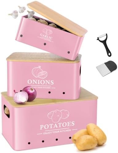 Kitchen Vegetable Storage Set of 3, Metal Onion Garlic Potato Storage Set, Kitchen Canisters Vegetable Keeper Containers with Aerating Holes and Bamboo Lid,Pink
