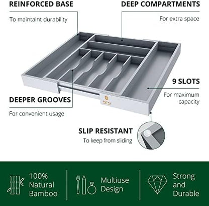 ROYAL CRAFT WOOD Luxury Bamboo Kitchen Drawer Organizer - Silverware Organizer - Utensil Holder and Cutlery Tray with Grooved Drawer Dividers for Flatware and Kitchen Utensils (9 Slot, Gray)