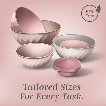COOK WITH COLOR Mixing Bowls with Lids - 12 Piece Plastic Nesting Bowls Set includes 6 Prep Bowls and 6 Lids, Microwave Safe Mixing Bowl Set, Pink Diamond