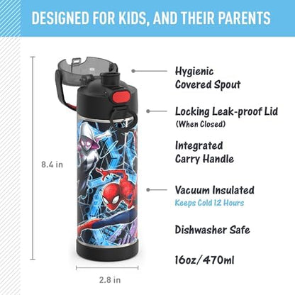 THERMOS FUNTAINER 16 Ounce Stainless Steel Vacuum Insulated Bottle with Wide Spout Lid, Spiderman (Pack of 6)