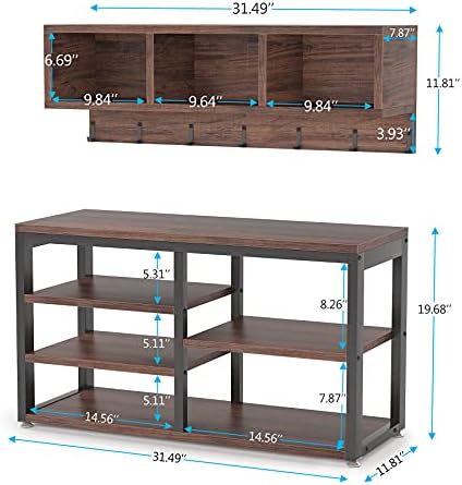 Tribesigns Industrial [Shoe] [Rack] [Bench] with Coat [Rack] Set with Hall Tree, 3 Storage Cubbies, 7 Hooks for Entryway, Hallway, 5-in-1Design, Rustic Brown