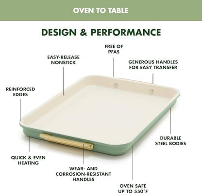 GreenPan Bakeware 13" x 9" Quarter Sheet Pan, Ceramic Nonstick Baking Pan, PFAS & BPA Free, Gold Handles, Durable Steel, Versatile & Space Saving Ovenware, Freezer to Oven Dish, Sage Green