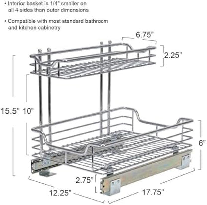 Household Essentials Glidez 2‑Tier Multipurpose Chrome‑Plated Steel Pull‑Out/Slide‑Out Under Sink Organizer, Chrome Finish