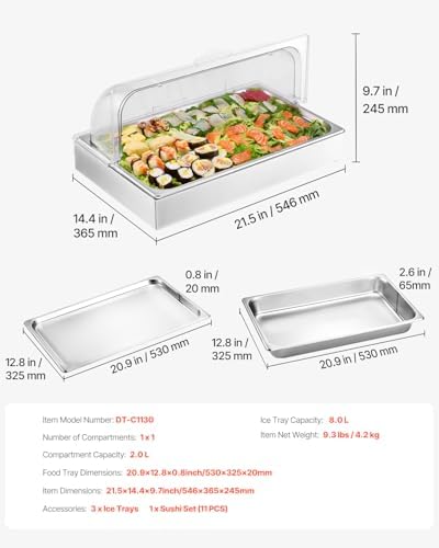 VEVOR Countertop Food Serving Display Container, 1 x 1 Pan Stainless Steel Food Serving Tray, Buffet Condiment Dispenser Display Rack with Clear Lid & 3 Ice Trays, for Restaurant Hotel Kitchen Party