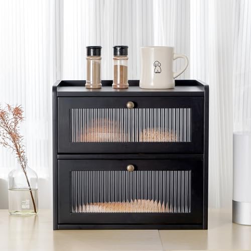Sunhoo Bread Box for Kitchen Countertop Wooden Bread Storage Container Bin 2 Layer Breadbox Holder Large Capacity Keeper Vintage Farmhouse Food Organizer Pantry Shelf Acrylic Window（Black）