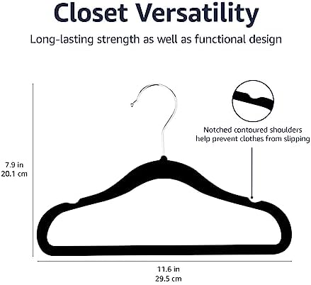 Amazon Basics Kids Space Saving Velvet Non-Slip Clothes Hangers with Shoulder Notches for Infant and Toddler, 11.6", Black, 50-Pack