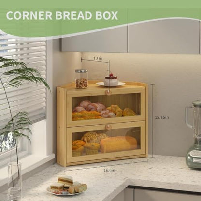 JANSNIMEN Corner Bread Box for Kitchen Countertop Bamboo Bread Holder Large Capacity Bread Container Storage Wooden Farmhouse Breadbox (Bamboo, 16.6" L x 13" W x 15.75" H)