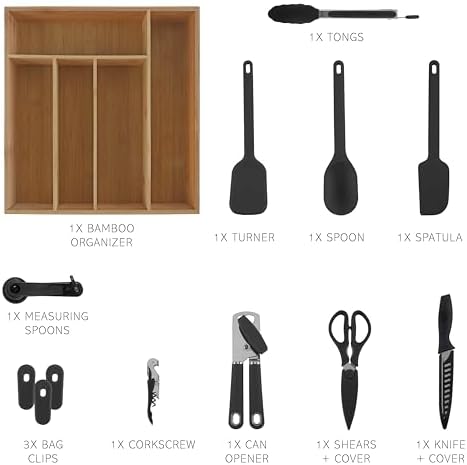 COOK WITH COLOR Bamboo Kitchen Utensil Set with Drawer Organizer | Cooking Tools and Storage Caddy, Black, 18 Piece Gadget Set