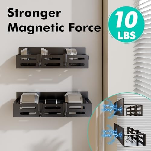 SETBAOO 4 Pack Magnetic Spice Rack for Refrigerator with 4-Hook Rack and Paper Towel Holder, Black Magnetic Shelf and Fridge Kitchen Cabinet Organizers Storage Seasoning Organization Mini Shelves.