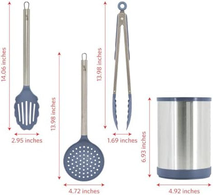 Glad Kitchen Utensils Set, 8pcs - Nonstick Cooking Tools with Stainless Steel Handles & Rotating Utensil Holder - Turners, Ladle, Spoon, Tongs, Spaghetti Server, and Skimmer - Dishwasher Safe, Blue