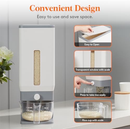 Lifewit Rice Container 29 Lbs, One-Press Dispenser, Grey 2 Packs