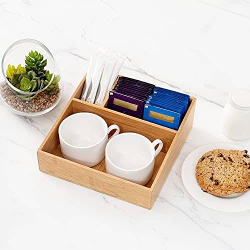 Restaurantware-8.3 x 8.3 x 2 Inch Coffee Condiment Organizer, 1 Square Creamer Organizer - 3 Compartments, Break-Resistant, Bamboo Coffee Accessory Caddy, Won't Chip, For Sugar Packets And Creamers