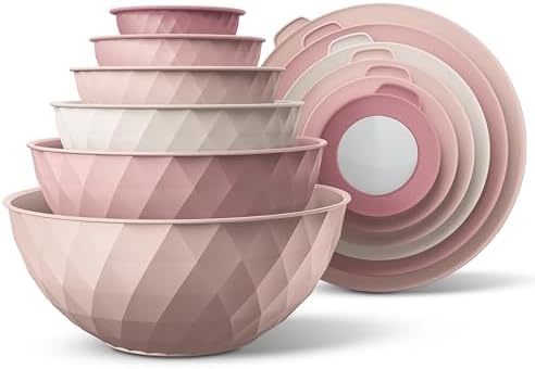 COOK WITH COLOR Mixing Bowls with Lids - 12 Piece Plastic Nesting Bowls Set includes 6 Prep Bowls and 6 Lids, Microwave Safe Mixing Bowl Set, Pink Diamond