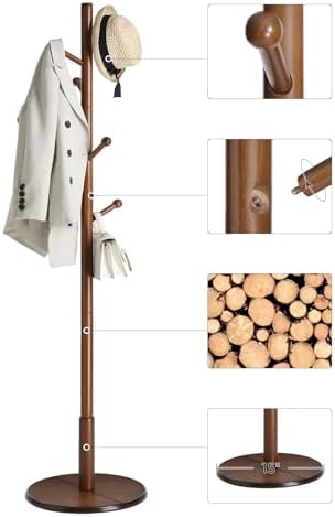 VASAGLE Solid Wood Coat Rack, Free Standing, 8 Hooks, 3 Height Options