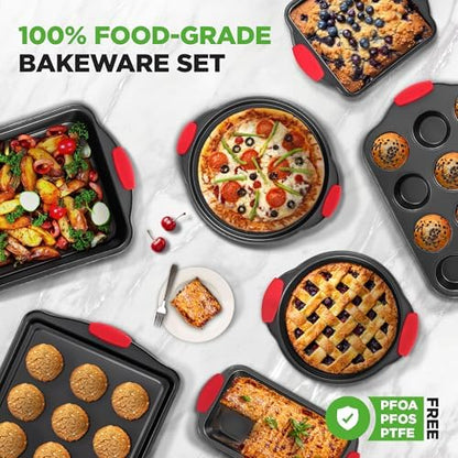 NutriChef Non-Stick Kitchen Oven Baking Pans-Deluxe & Stylish Nonstick Gray Coating Inside Outside, Commercial Grade Restaurant Quality Metal Bakeware with Red Silicone Handles NCSBS8S, 8 Piece Set