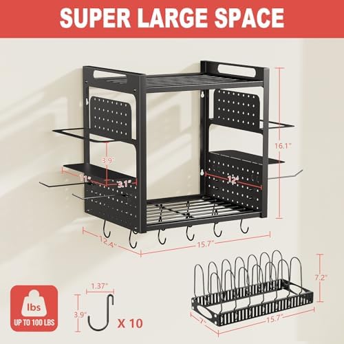 Wall Mounted 16" Pot Rack，2 Tier Kitchen Pots & Pan Organizer with 10 Hooks