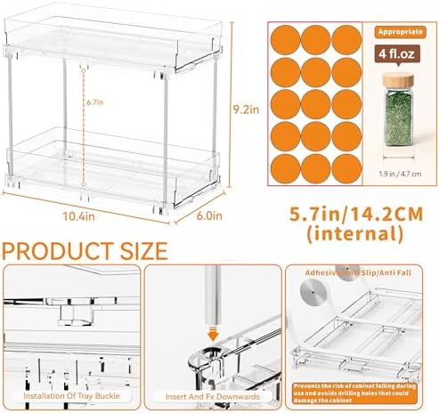 Yieach 2 Tier Vertical Spice Rack Pull Out,10.4'' Deep Narrow Slide Out Spice Rack Organizer for Inside Cabinets,Kitchen,Pantry,Cupboard Seasoning,Can,Jar Organizer and Medicine Cabinet Storage