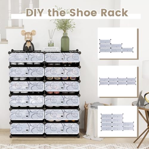 COSTWAY Shoe Rack Organizer, 6 Tier Shoe Shelves with Covers, DIY Design, 24-Pair Stackable Cube Organizer Boxes, Freestanding Shoe Cabinet for Entryway Bedroom Closet Hallway (Black)