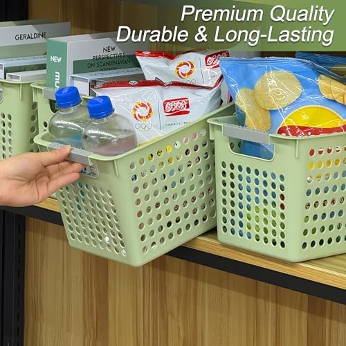 Soddeph Slim Plastic Storage Basket with Handles, Narrow Organizer box for Shelves, Organizer box for Organizing, Kitchen,Home,Office (Green, Medium)
