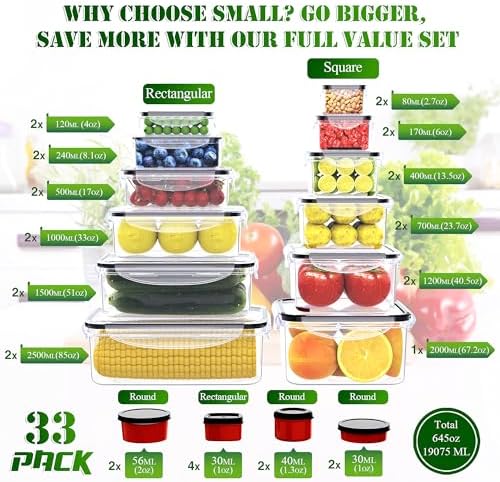 RockBerry 66 Pcs Food Storage Containers with Lids Airtight, Total 19075ML