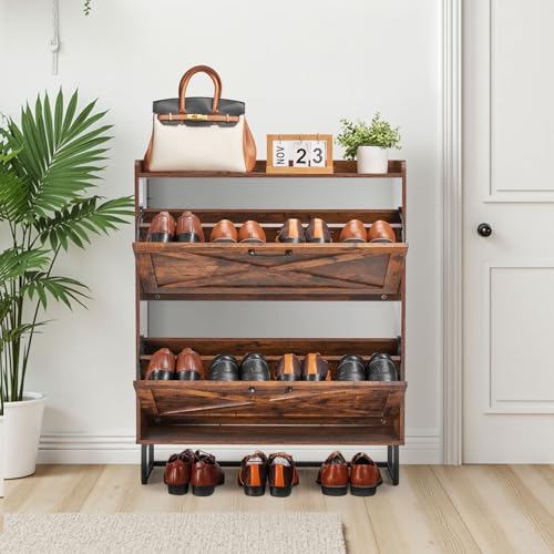 VEVOR Shoe Cabinet with 2 Flip Drawers, Farmhouse Shoes Storage Cabinet with Metal Legs and Anti-Tipping Device, Freestanding Shoe Organizer Ideal for Entryway, Hallway, Bedroom, Living Room, Brown