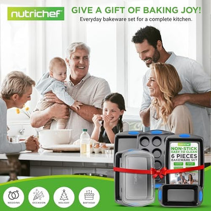 NutriChef Nonstick Bakeware Set of 6, Baking Pan with Cookie Sheets, 12-cup Muffin & Loaf pan – Easy to Clean, Oven Safe, Durable Warp Resistance Carbon Steel Pan Set for Baking, Roasting, & Cooking