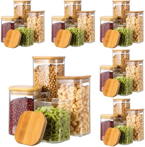 Qinyoung 24 Pcs Glass Storage Jars Airtight Bamboo Lids Glass Food Containers, 4 Sizes (0.5/0.6/0.8/1 Qt) Clear Square Pantry Organization Stackable for Pasta Candy Cookie Kitchen Food Cereal Coffee