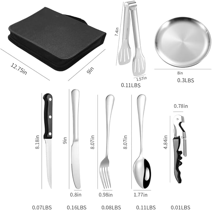 Camping Silverware Silver Picnic Plates and Utensils Set for 4 Portable Tableware Stainless Steel Flatware 20 Pieces With Organizer Bag Reusable Durable