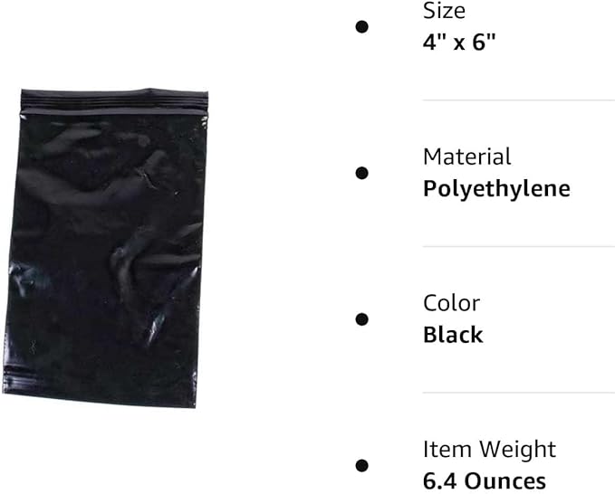 uGems 4" x 6" Black Resealable Zip Lock Bags – 100 Pack of Opaque Plastic Storage Bags for Privacy, Light Protection, Food Storage, Crafts, Medicines, and Office Supplies, – sku: r46bk-100