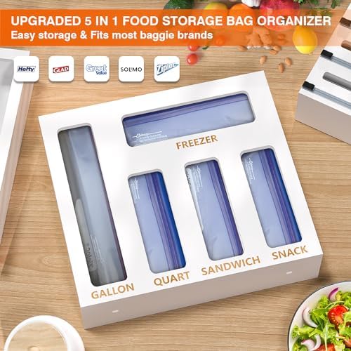 DALSHABET 9 IN1 Bamboo Storage Bag Drawer Organizer with Cutter, Foil and Plastic Wrap Dispenser for Kitchen Storage Compatible with All Brands Gallon, Quart, Sandwich & Snack Size Bags - White