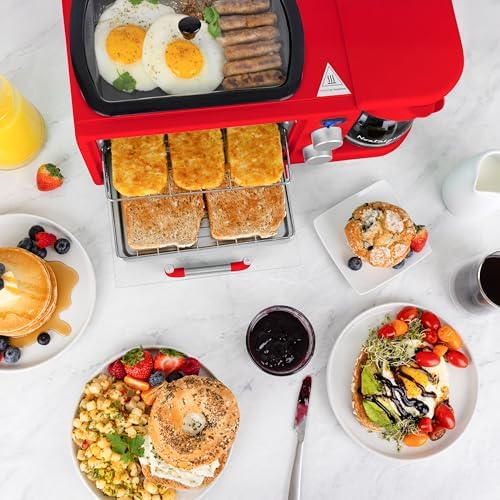 Nostalgia 3-in-1 Retro Breakfast Station - Includes 5 (4 Oz) Cup Coffee Maker, Non-Stick Ceramic Griddle, and 4-Slice Toaster Oven - Built-In Timer, Reusable Coffee Filter, Space-Saving Design - Red