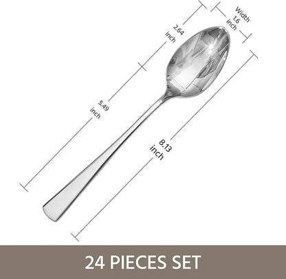 KINGSTONE 24 Piece Dinner Spoon Set, 18/10 Stainless Steel Spoons, Silver Food Grade Table spoons of 24, Metal Spoons for Home, Kitchen, Weddings, Parties or Restaurant, Dishwasher Safe-8.15inches