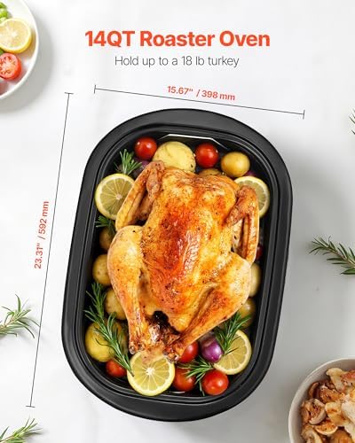 VEVOR Roaster Oven, 14QT Fast-Cooking Turkey Roaster, 150-450℉ Adjustable Temperature Electric Roasting Pan with Self-Basting Lid, Roasting Lift-Out Rack, Defrost & Warm Function, Fits 18lb Turkey