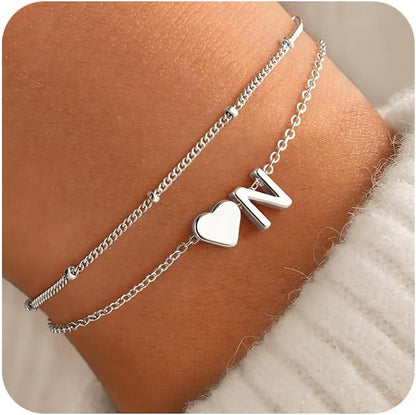 M MOOHAM Initial Heart Bracelets for Women - Layered Dainty 14K-Gold-Plated Heart Letter A-Z Charm Bracelets for Women, Chain Link Charm Bracelets Beaded Bracelets Birthday Gifts Womens Jewelry
