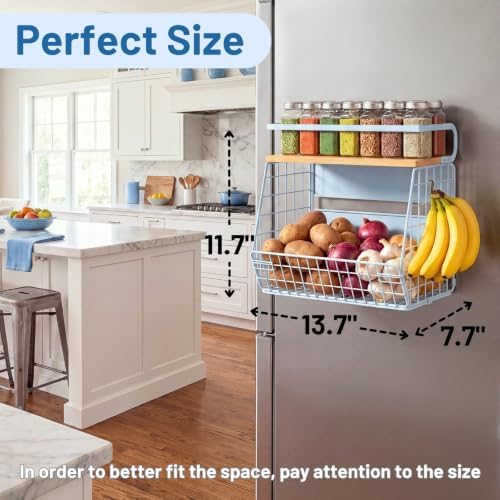 Magnetic Shelf for Fridge with Wood Lid, Fruit Potato and Onion Storage Bins, Pantry Organizers & Storage, Large Container Magnetic Spice Rack for Refrigerator, Kitchen Counter, Cabinet (Blue, 1)