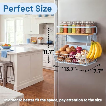 Magnetic Shelf for Fridge with Wood Lid, Fruit Potato and Onion Storage Bins, Pantry Organizers & Storage, Large Container Magnetic Spice Rack for Refrigerator, Kitchen Counter, Cabinet (Blue, 1)